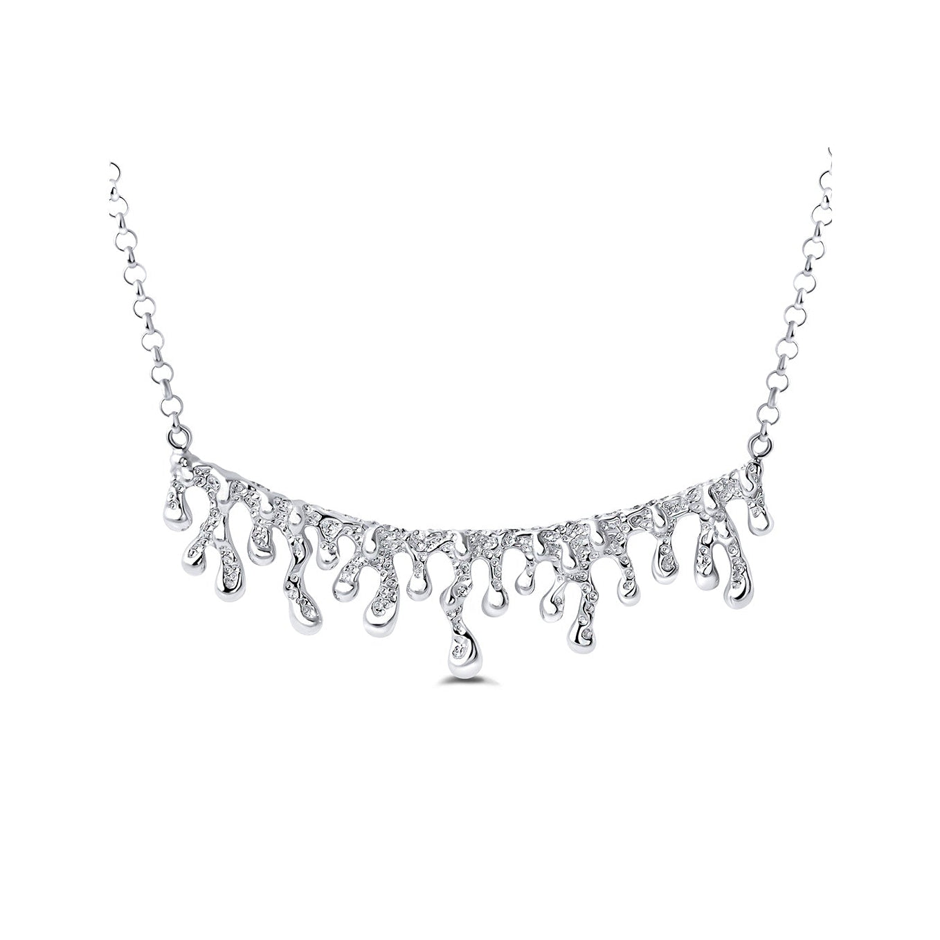 Silver necklace with teardrop-shaped pendants on a white background