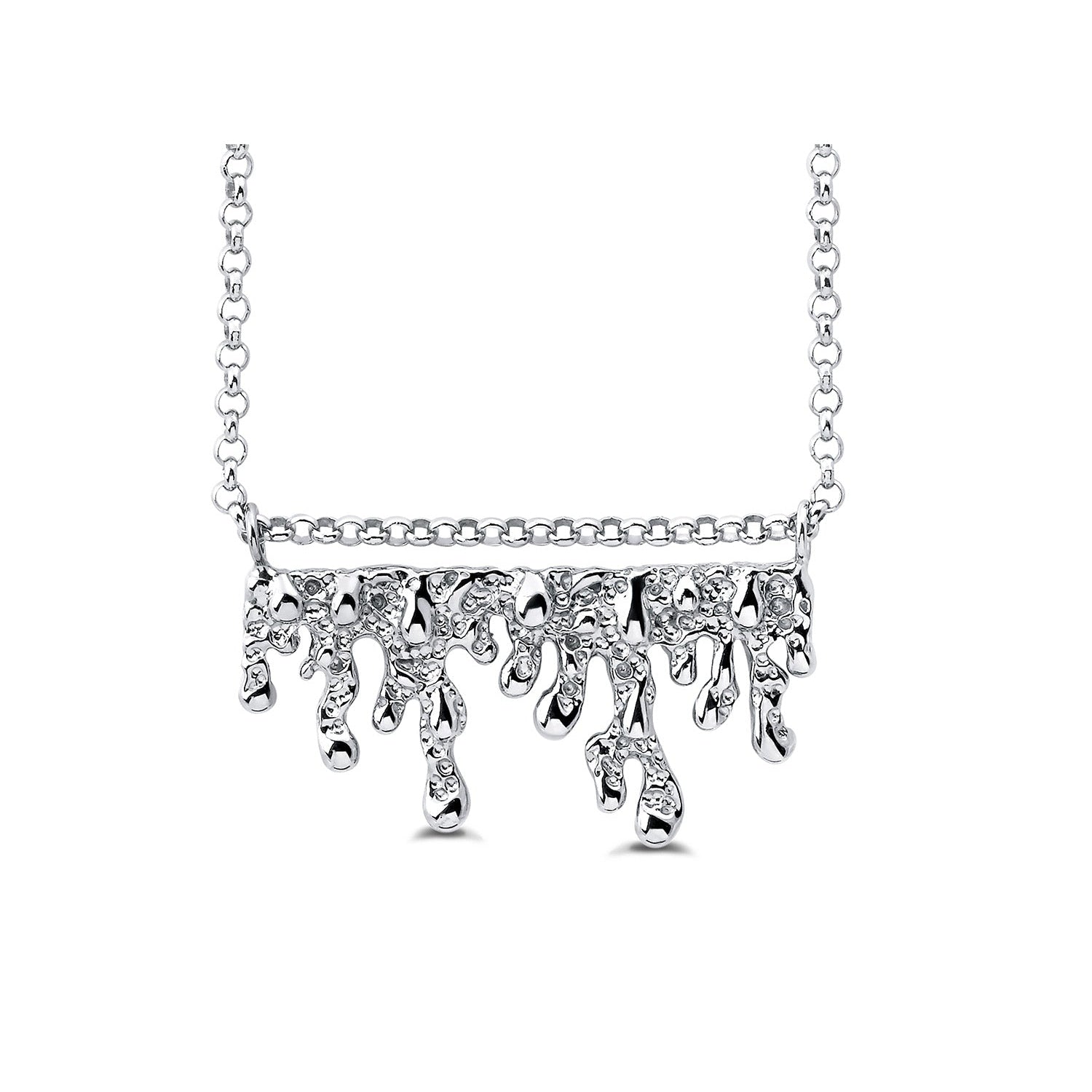 Silver necklace with a unique pendant design on a white background