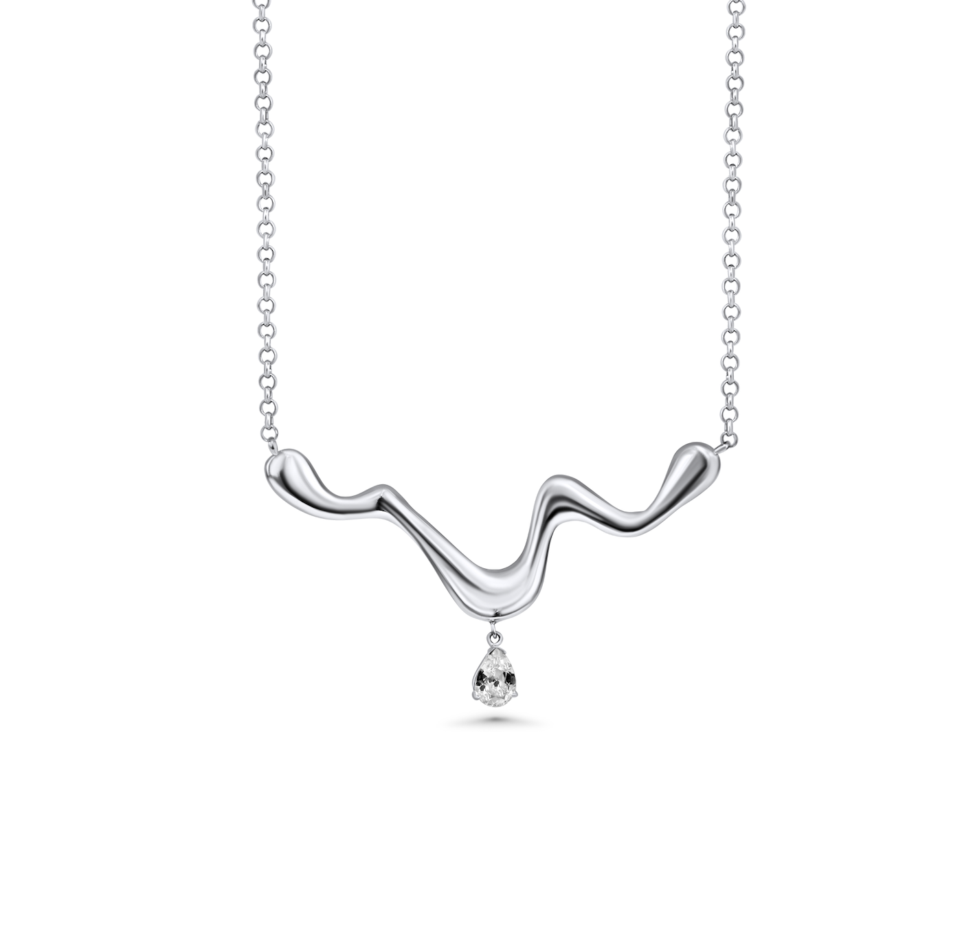 A sterling silver necklace with a fluid, curved design featuring a pear-shaped white topaz gemstone accent.