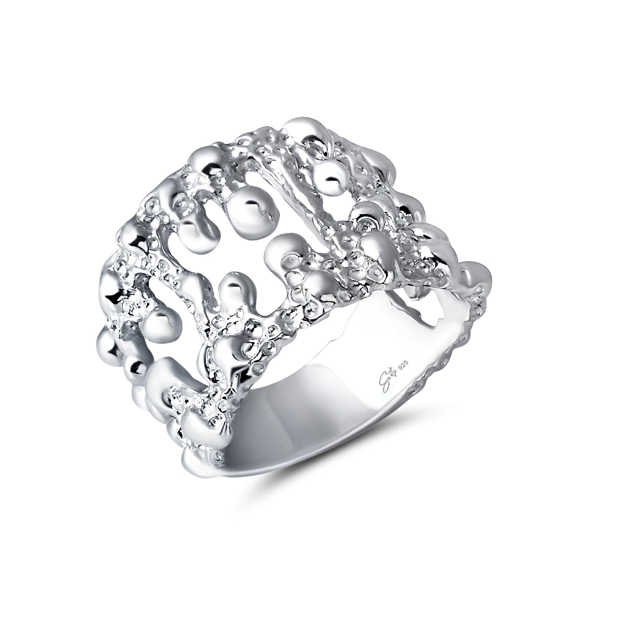 A handcrafted sterling silver ring with a textured surface and a high shine finish, as shown in the image.